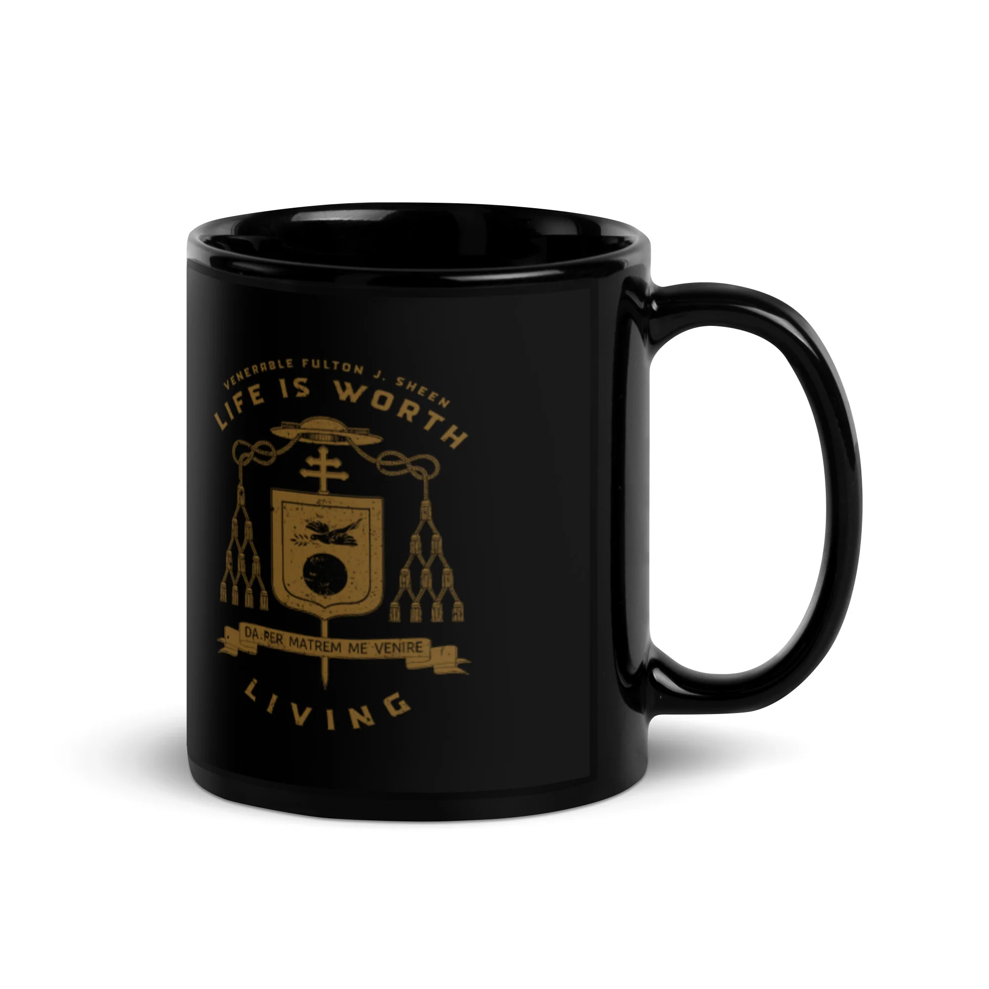 Bl. Fulton Sheen Coat of Arms Black Glossy Mug - Image 2