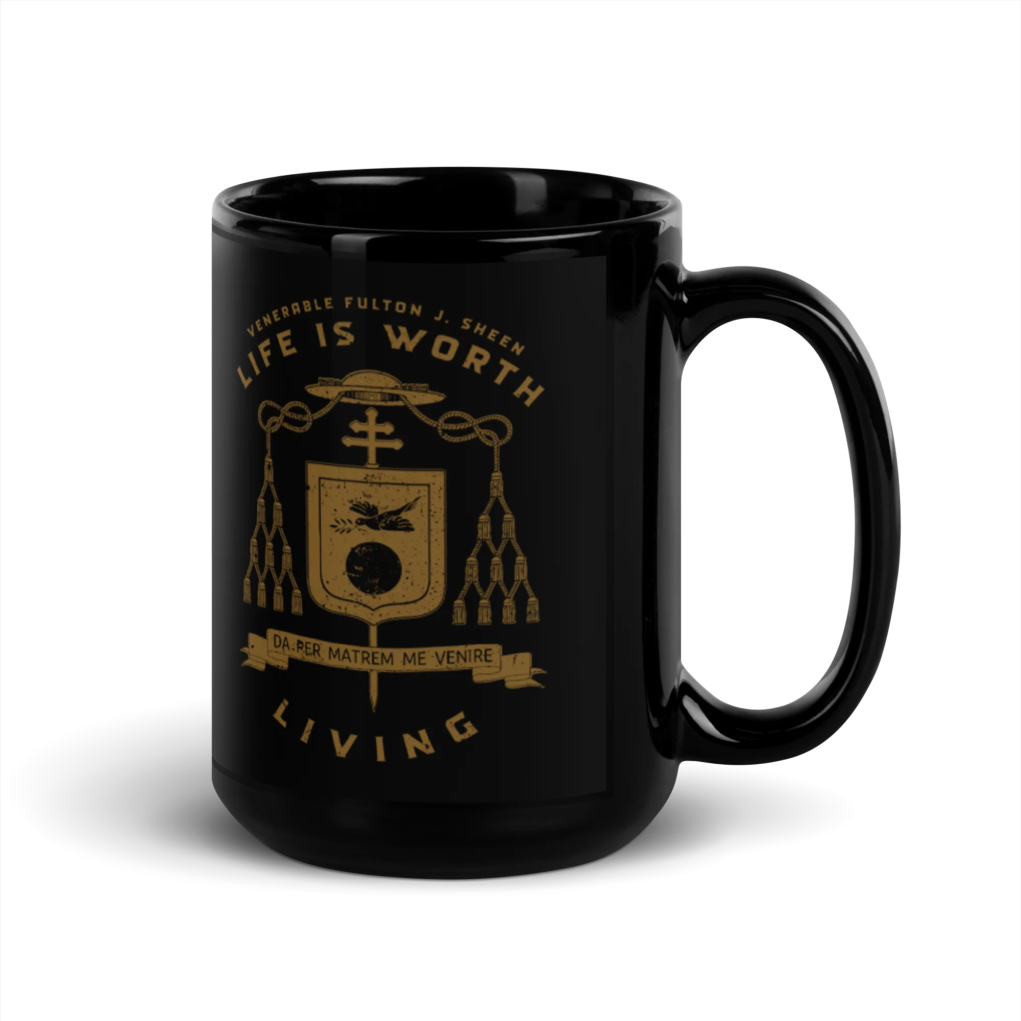 Bl. Fulton Sheen Coat of Arms Black Glossy Mug - Image 6