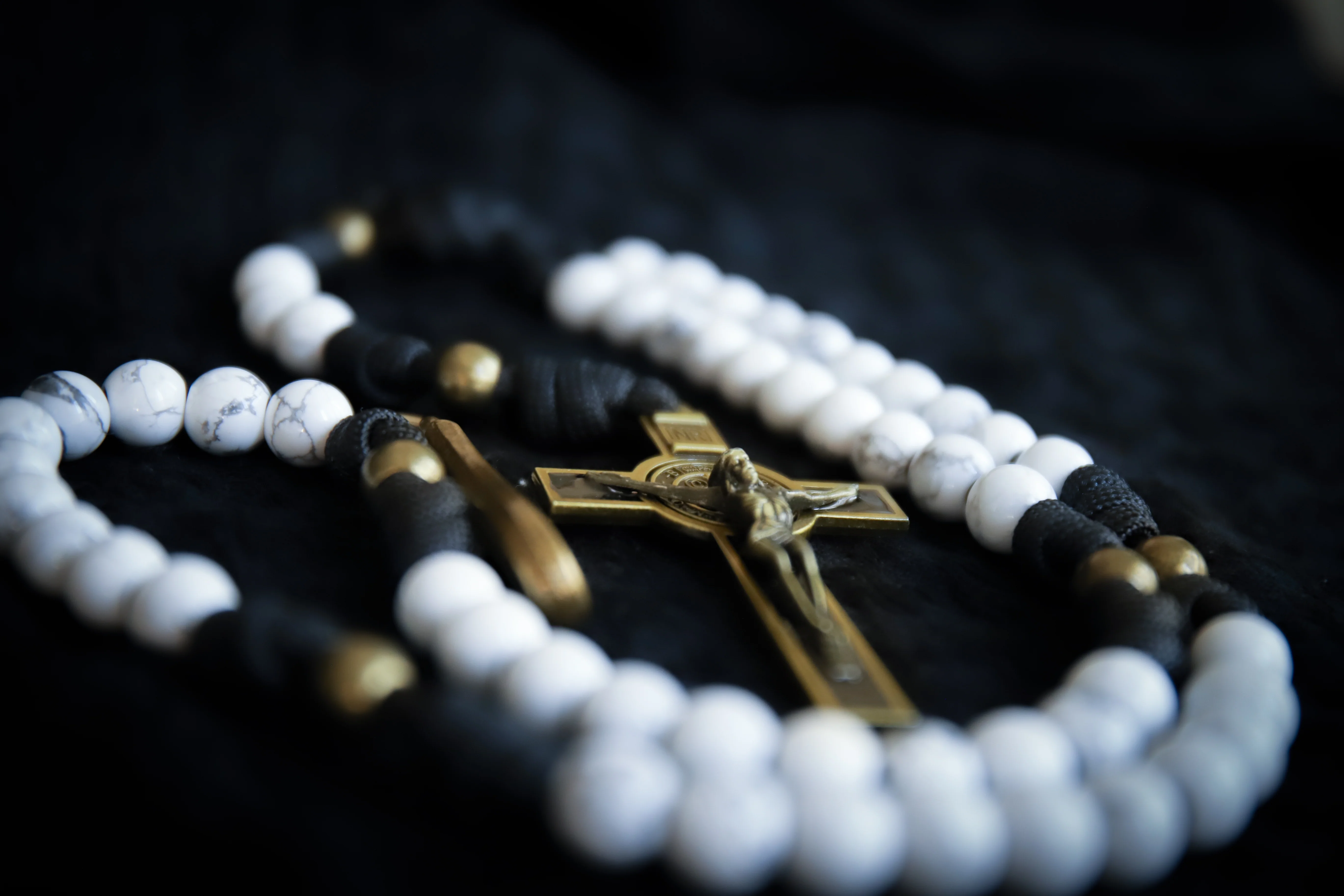 Limited Edition St Benedict Belt Rosary - White Marble Stone and Brass - Image 4