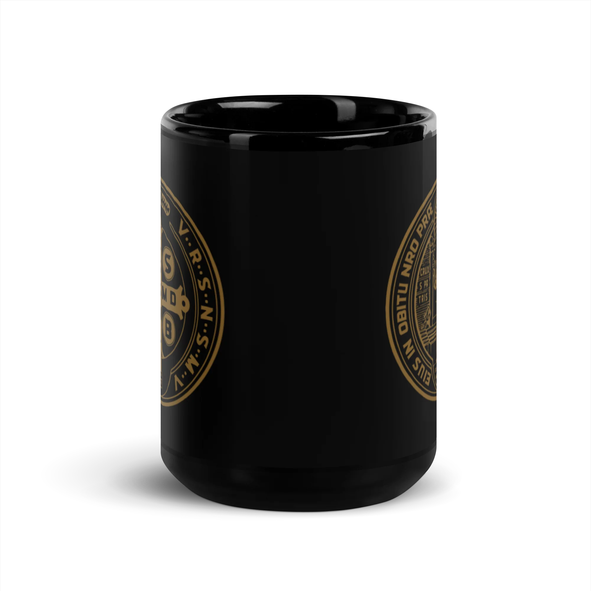 St. Benedict Medal Black Glossy Mug - Image 6